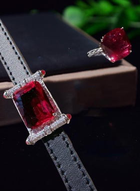 旖旎比克红宝石手镯 古董感 镀18K金 贵妇马天尼红锆石戒指 组合