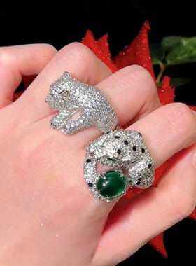 巴西绿玉髓玛瑙猎豹宝石戒指古董感镀18K金钢琴黑猎豹锆石戒指