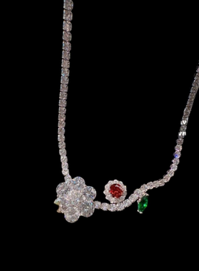 音符露珠花朵宝石项链 波光粼粼 镀18K金 石榴红小花锆石耳环套装