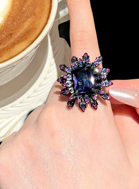 施普雷矢车菊宝石戒指古董感镀18K金鸢尾紫花朵大克拉戒指百搭