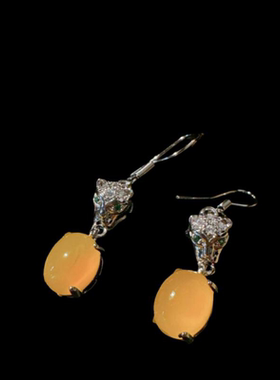 仙气冰透鸡油黄时尚鸽子蛋戒指幂幂同款落日黄冰猎豹耳环百搭