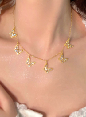 霜花蝴蝶 宝石项链 古董感 镀18K金 音符露珠几何锆石项链 叠戴