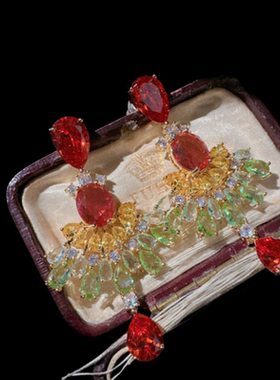 苏富比彩虹凤尾宝石项链 古董感 镀18K金彩宝羽毛锆石耳环百搭