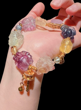 花丝鎏彩花牌葡萄石如意花粉晶金刚杵手链新中式凤凰珐琅福珠项链