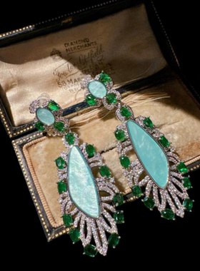 马尔代夫蓝水滴贝母宝石耳环 水汪汪 镀18K金 莫吉托蜂巢锆石戒指