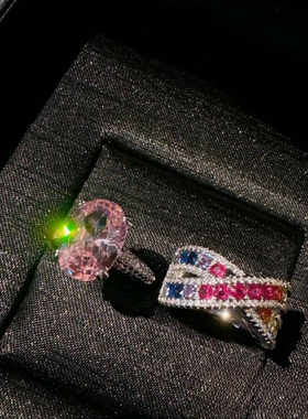 彩虹碧玺蝴蝶结交叉宝石戒指 帕帕拉恰 镀18K金 蛋形粉锆石戒指