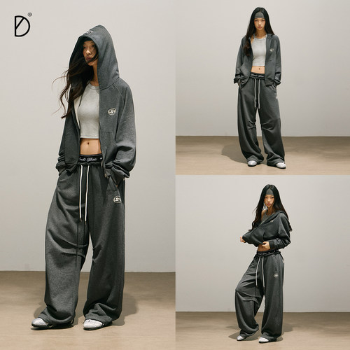 SMILE DDD双腰头套装280g美式宽松裤脚调节卫裤休闲运动开衫卫衣 - 图2