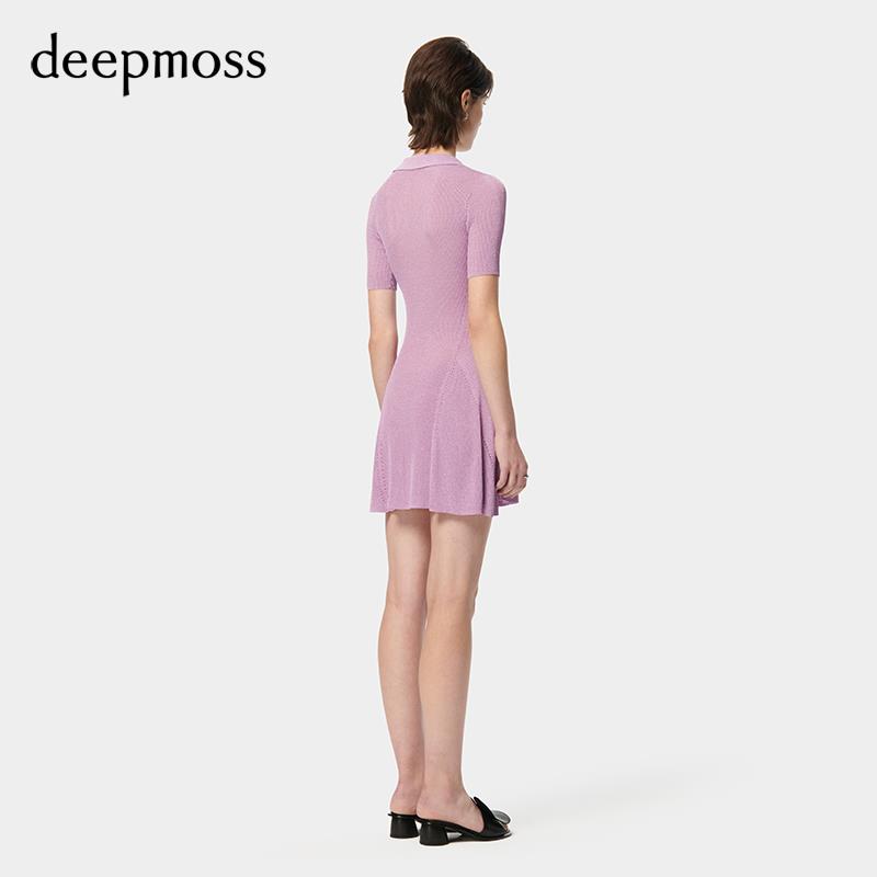 【deepmoss】2024春夏新款女装时尚休闲水泽闪葱翻领收腰连衣裙 - 图1