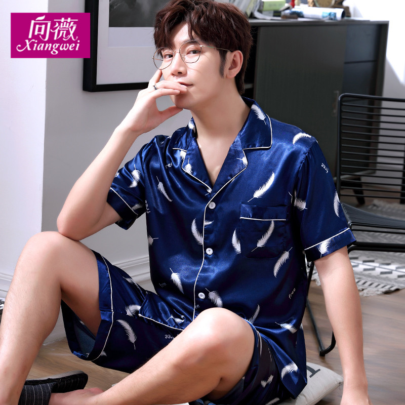 向薇旗舰店男士睡衣夏季短袖短裤薄款丝绸缎冰丝夏家居服套装韩版开衫加大码0