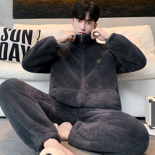 New autumn and winter snowflake velvet can be worn outside men's large size loose plus velvet thickened warm velvet warm home wear pajamas set