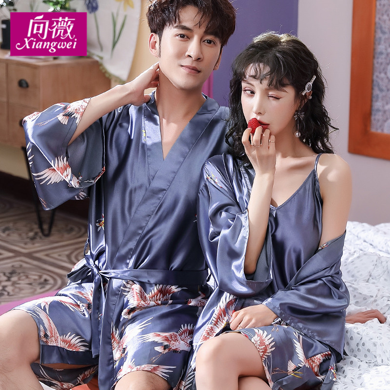 向薇旗舰店睡袍情侣薄款冰丝睡衣女士夏季浴袍长款丝绸春秋家居服晨袍浴衣男0