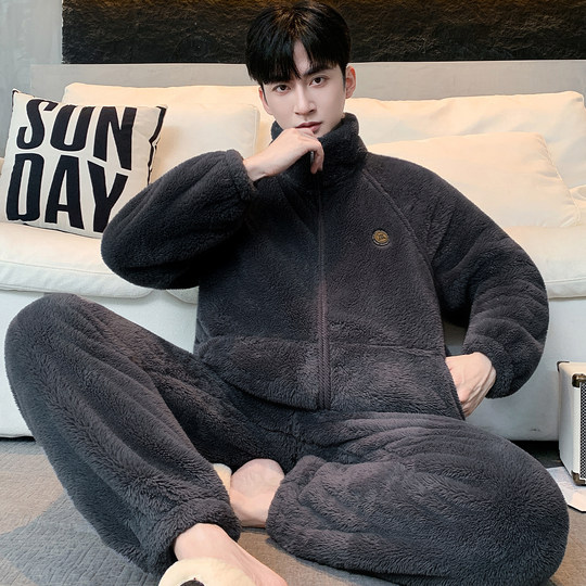 New autumn and winter snowflake velvet can be worn outside men's large size loose plus velvet thickened warm velvet warm home wear pajamas set