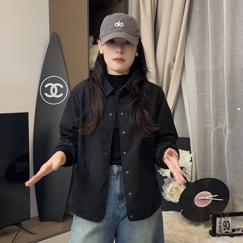 黑色短款薄外套2026春秋季新款女款韩系衬衫女上衣正肩小个子长袖 - 图1
