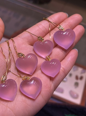 天然莫桑比克星光粉水晶爱心吊坠颜色美晶体全净高档纯银卡扣银链