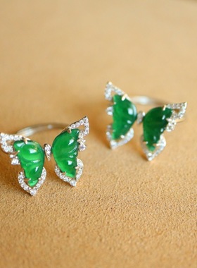 天然翡翠戒指 蝴蝶翡翠戒指 s925银镶嵌 圈口可调节