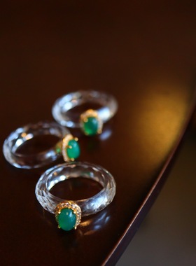 天然白水晶绿玛瑙戒指白水晶切面戒圈木佐色绿玛瑙 s925银镀金镶