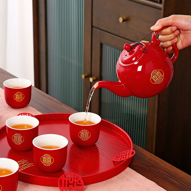 中式结婚庆改口敬茶杯新娘订婚用品陶瓷手柄壶红色盘婚礼茶具套装,淘宝优惠券,粉丝福利购,淘宝优惠卷