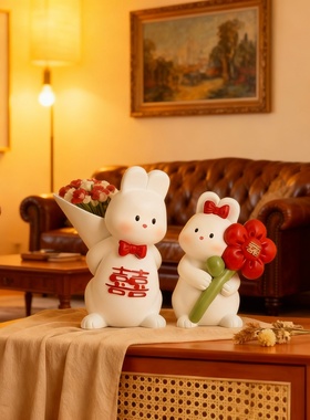陶瓷小仓鼠一对喜字摆件