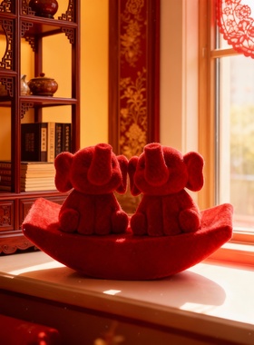 新中式红色大象毛绒摆件喜庆