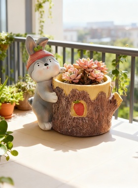 手工可爱兔子树桩陶瓷花盆摆件