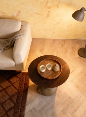 法式天然洞石圆形客厅茶几设计师