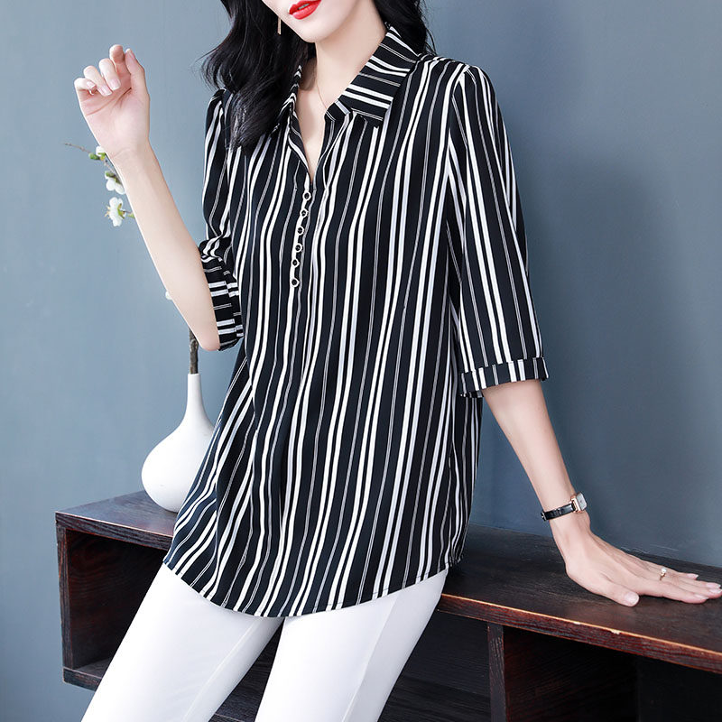 加肥加大码女士条纹雪纺2022年衬衫 格格吉祥衬衫
