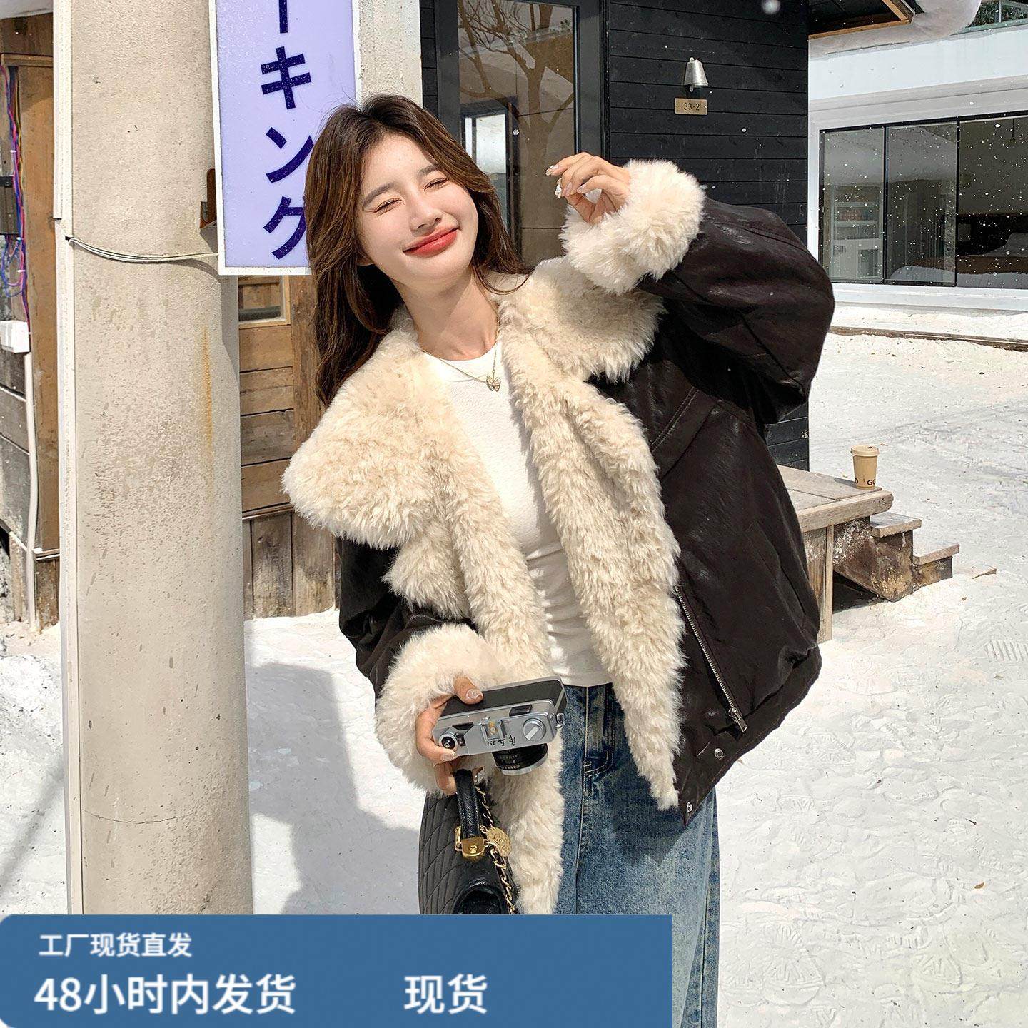 高级感毛绒拼接短款皮衣羽绒服女2025冬季韩系洋气加厚派克服外套,淘宝优惠券,粉丝福利购,淘宝优惠卷
