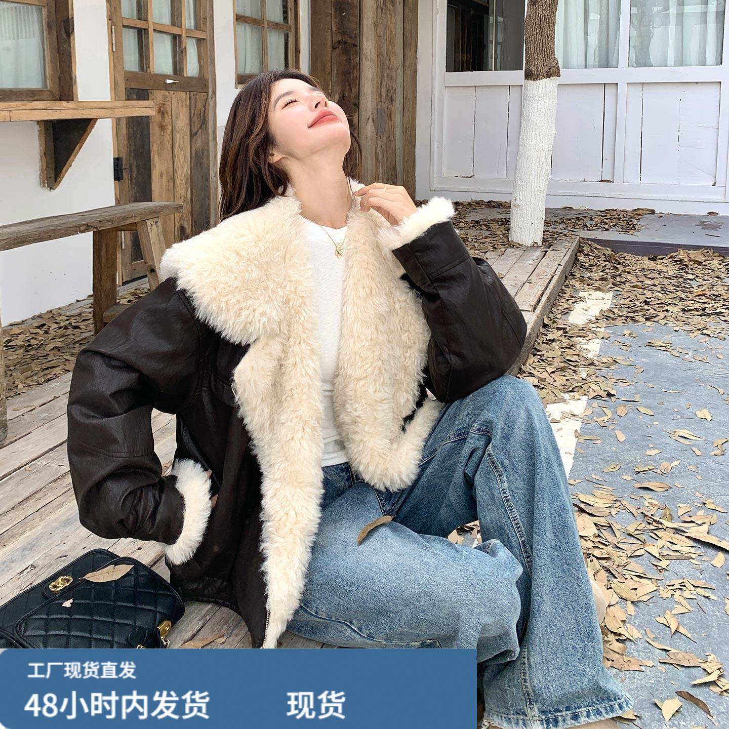 高级感毛绒拼接短款皮衣羽绒服女2025冬季韩系洋气加厚派克服外套,淘宝优惠券,粉丝福利购,淘宝优惠卷