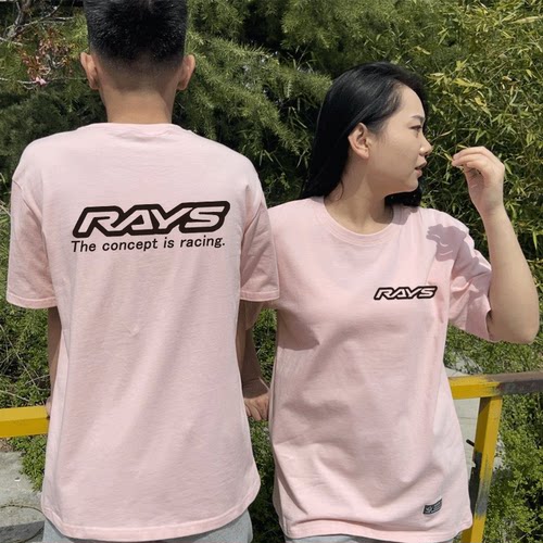 新款RAYS轮圈改装车短袖t恤衫男女纯棉半截袖体恤夏圆领上衣服 - 图0