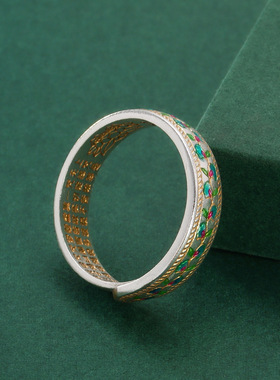 Francesca足银999.9珐琅彩描金蓝紫藤戒指心经花藤指环纯银复古