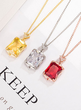 速卖通热卖长方形锆石吊坠项链女仿宝石吊坠锁骨链红黄白钻项饰品