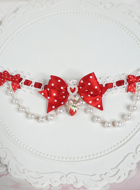 原创草莓蝴蝶结蕾丝洛丽塔项链女