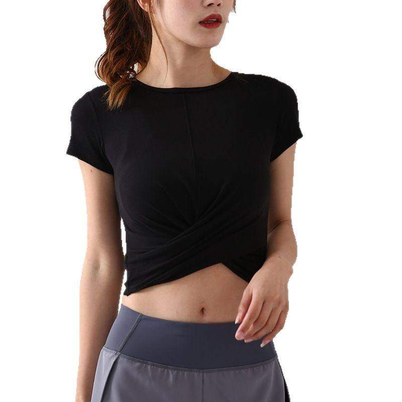 交叉褶皱圆领修身运动服女透气户外百搭显瘦速干健身瑜伽上衣短袖,淘宝优惠券,粉丝福利购,淘宝优惠卷