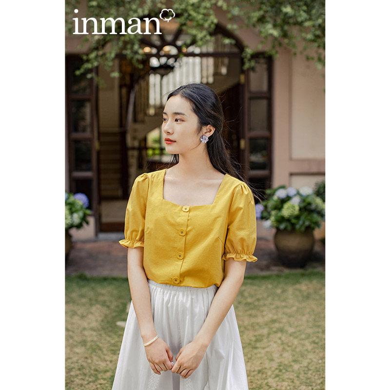 茵曼泡泡袖复古短袖夏方口上衣 茵曼翰飞衬衫