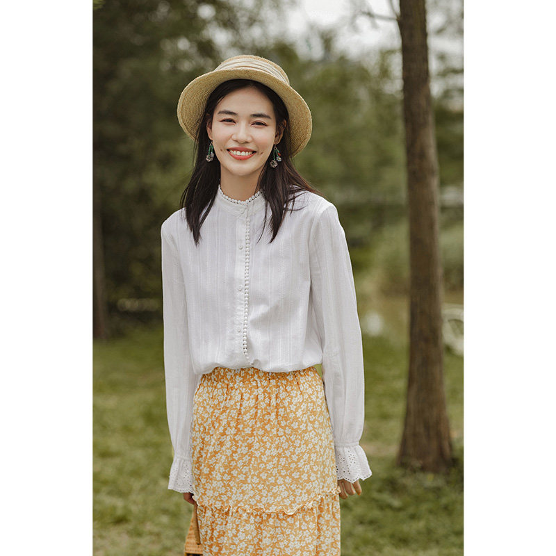 茵曼官方旗舰店茵蔓秋季立领白衬衫 茵曼翰飞衬衫