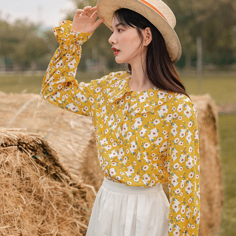 茵曼法式复古娃娃领碎花纯棉衬衫 茵曼翰飞衬衫