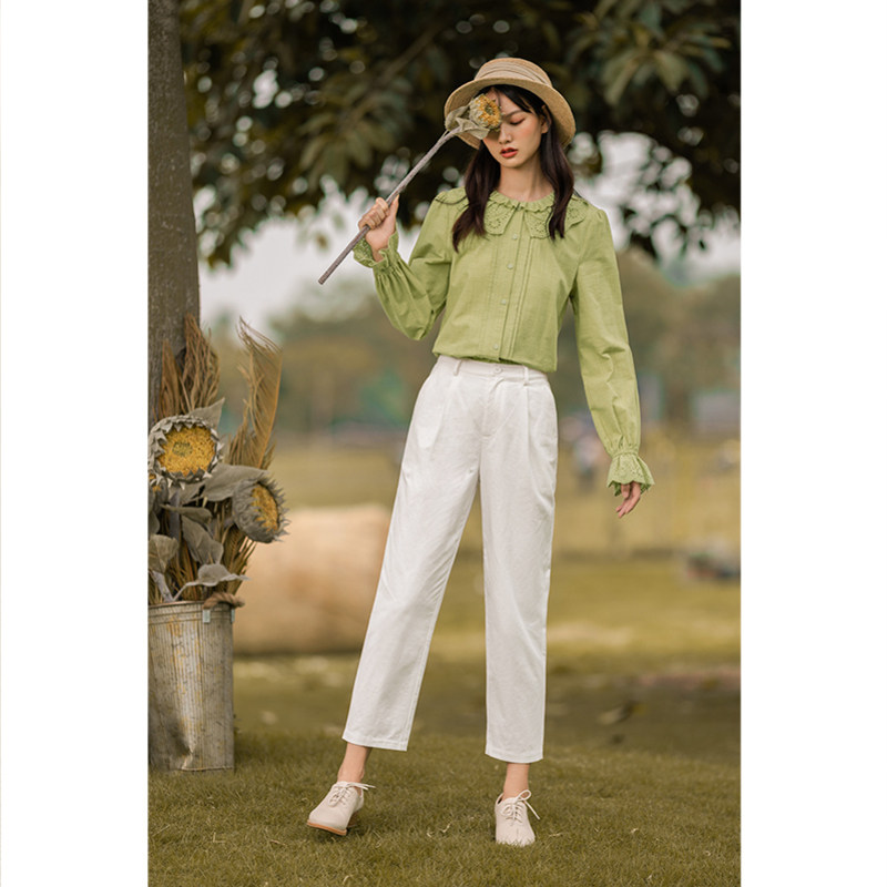 茵曼旗舰白色小直筒九分裤休闲裤 茵曼翰飞休闲裤