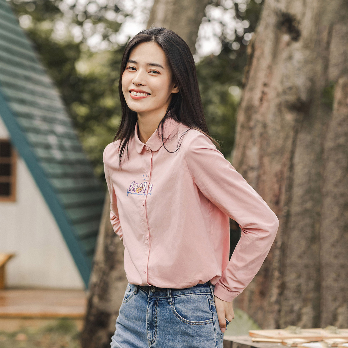 茵曼旗舰店女士长袖纯棉茵蔓衬衫 茵曼翰飞衬衫