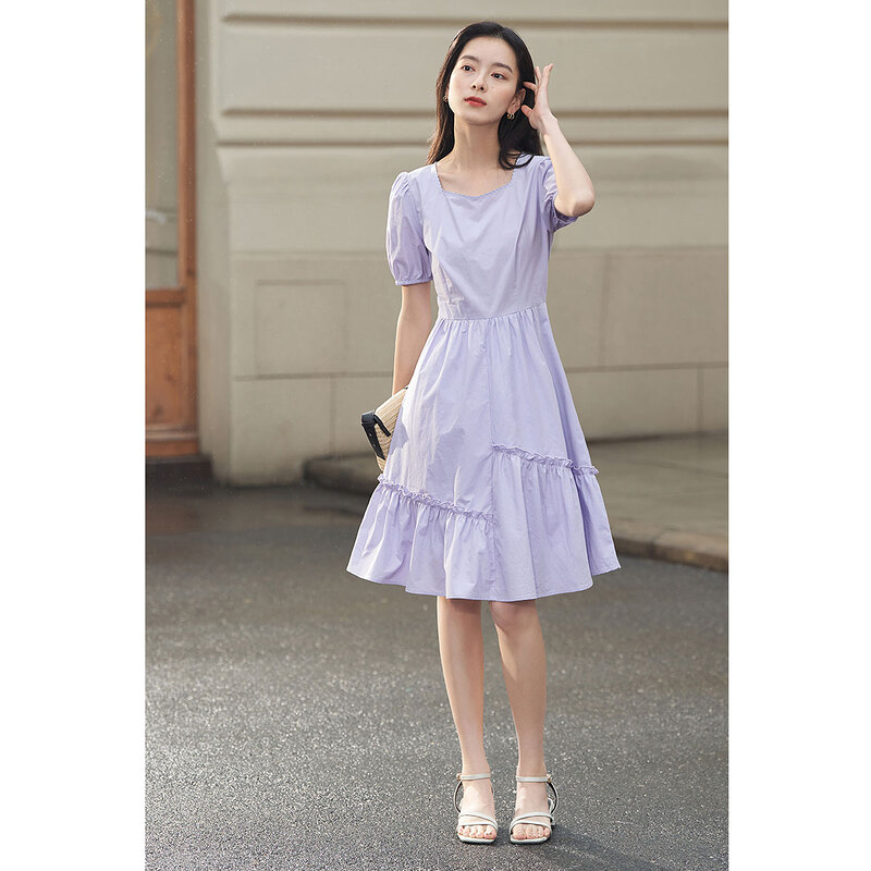 茵曼法式方领茶系女泡泡袖夏连衣裙 茵曼翰飞连衣裙