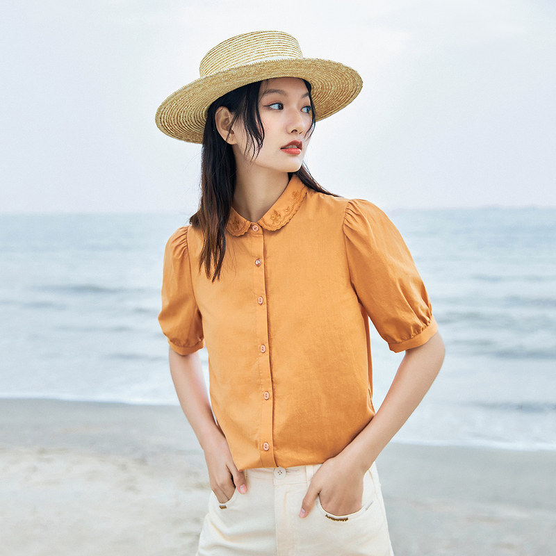 茵曼2022新款娃娃领纯棉短袖白衬衫 茵曼翰飞衬衫