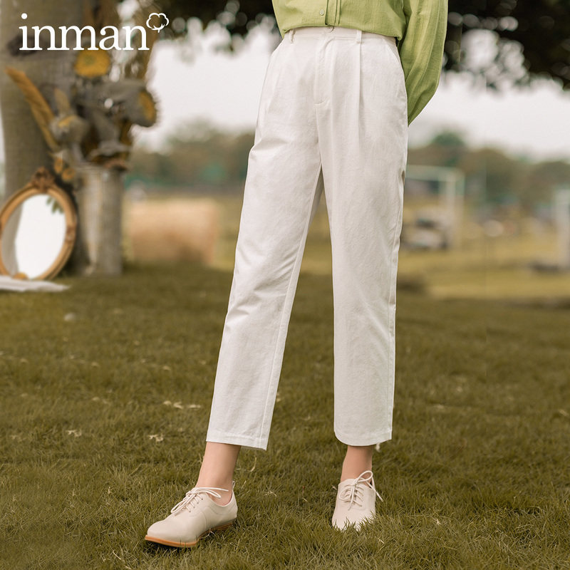 茵曼旗舰白色小直筒九分裤休闲裤 茵曼翰飞休闲裤