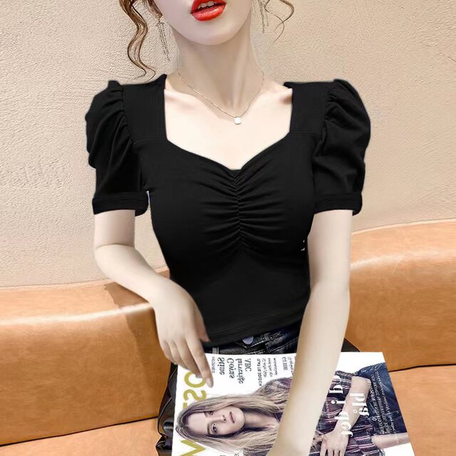 ຄໍສີ່ຫລ່ຽມ Sexy ເທິງແຂນສັ້ນຂອງແມ່ຍິງຮ້ອນເສື້ອທີເຊີດສັ້ນ