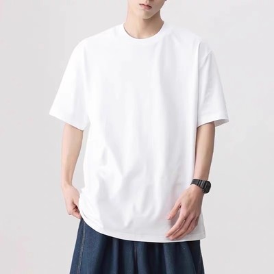 三本针重磅100%纯棉男女同款夏季短袖T恤女纯白色体恤衫美式白t
