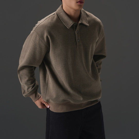 Textured lapel long-sleeved polo shirt for men