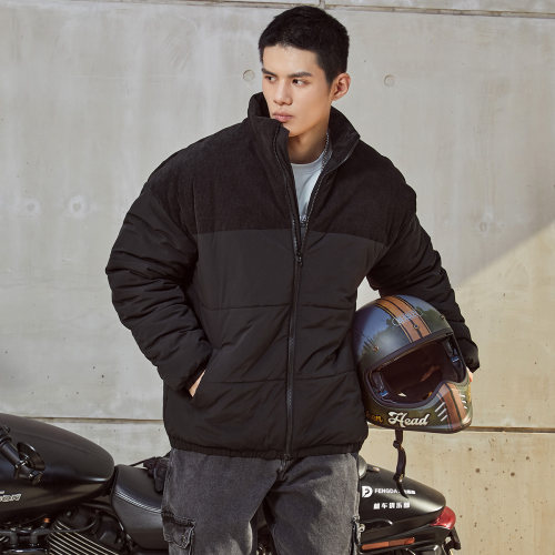 BD新款外套男冬季保暖面包服简约拼接立领棉服男宽松 - 图0