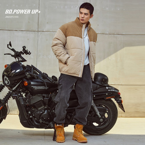 BD新款外套男冬季保暖面包服简约拼接立领棉服男宽松 - 图1