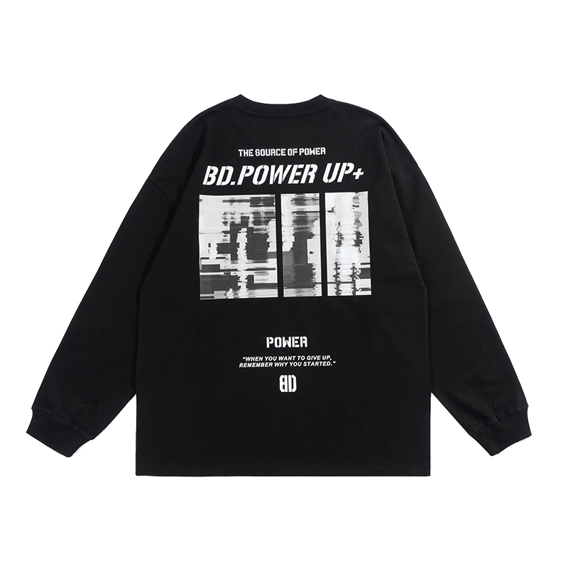 BD.POWER UP+新款运动纯棉t恤男长袖宽松纯棉t恤男长袖潮牌印花