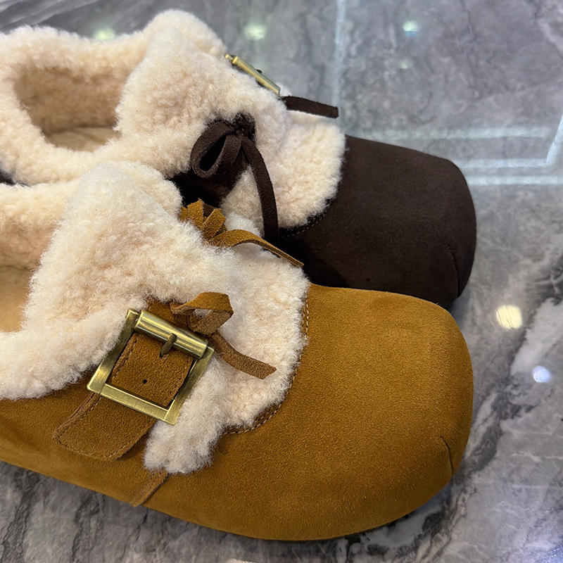 日系~磨砂真皮毛毛勃肯鞋女2025冬款小个子增高法式蝴蝶结雪地靴 - 图2