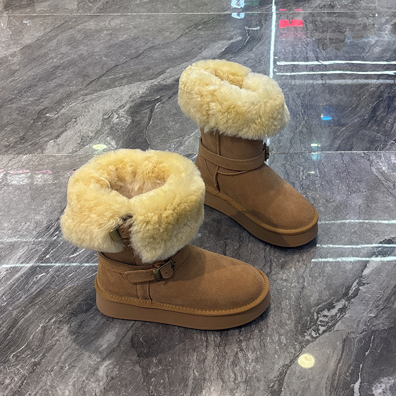 毛茸茸~羊皮毛一体加厚雪地靴女2025冬季新款皮带扣圆头套筒棉靴,淘宝优惠券,粉丝福利购,淘宝优惠卷