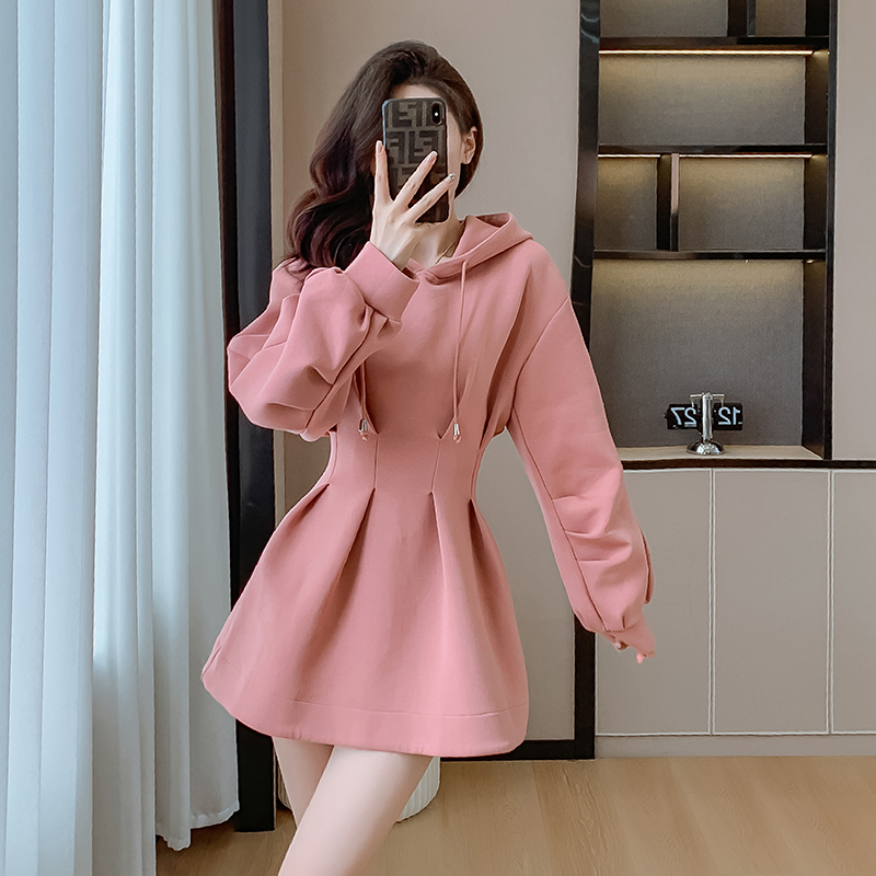 小个子连帽甜美加绒卫衣裙女春秋新款韩版减龄显瘦遮肚粉色连衣裙